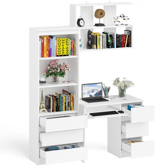 Мори компьютерный стол МС-6 правый + Стеллаж МСТ600.3 + Полка 900, белый