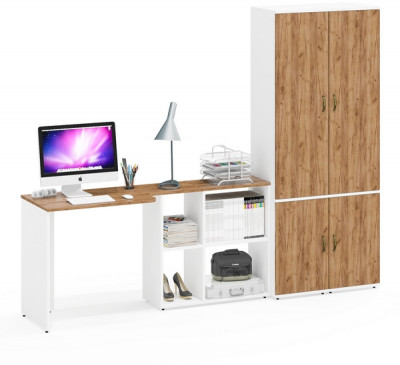 Лидер-8 Стол + Пенал МД 22Б + Пенал МД 22Б, цвет белый шагрень/крафт золото, ШхГхВ 245х50/37,5х75/190 или 115х160/50х75/190 см., НЕ ун. сборка