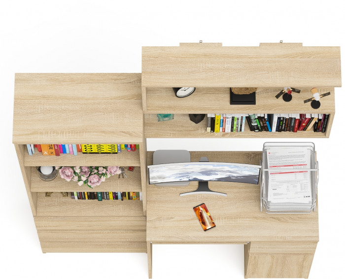 Мори компьютерный стол МС-1 правый + Стеллаж МСТ600.3 + Полка 900, дуб сонома