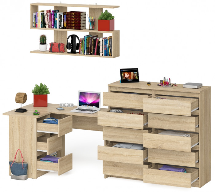 Мори компьютерный стол МС-16 левый + Комод МК1200.10 + Полка 1200, дуб сонома