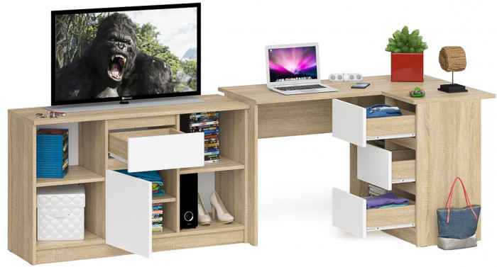 Мори компьютерный стол МС-16 правый + Тумба МТВ1204.1, дуб сонома/белый