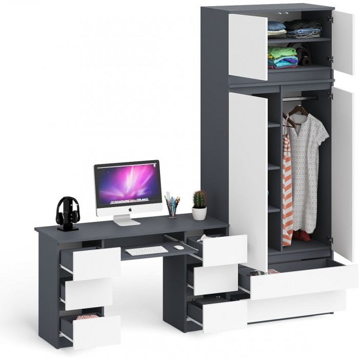Мори Стол компьютерный МС-2 + Шкаф МШ900.1 + Антресоль МА900.1, цвет графит/белый, ШхГхВ 225,8х50,4х234,2 см., универсальная сборка