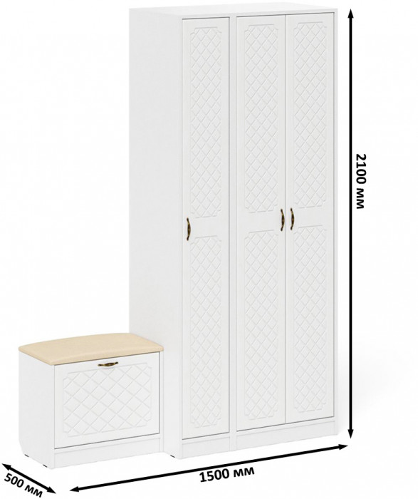 Прихожая П-6 Компоновка № 45, белая шагрень/фасады МДФ белое дерево фрезеровка ромб