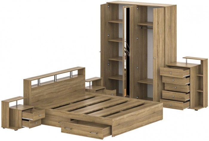 Камелия спальня № 11 Кровать с ящиками 1800 + Две тумбы + Комод + Шкаф 4-х створчатый, дуб сонома