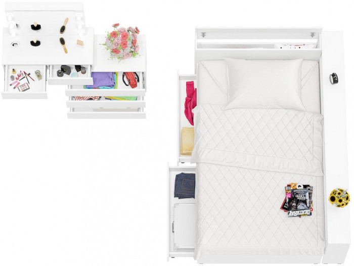 Ксения Кровать с ящиками 1200 + прикроватный блок + Столик с подсветкой 110, белый