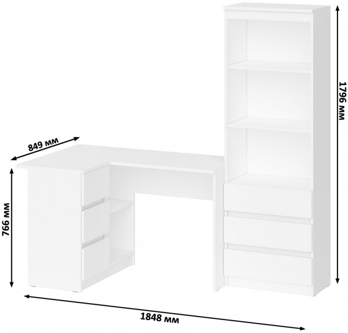 Мори компьютерный стол МС-16 левый + Стеллаж МСТ600.3, белый