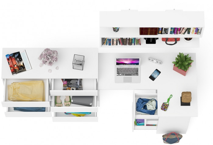 Мори компьютерный стол МС-16 правый + Комод МК1200.8 + Полка 1200, белый