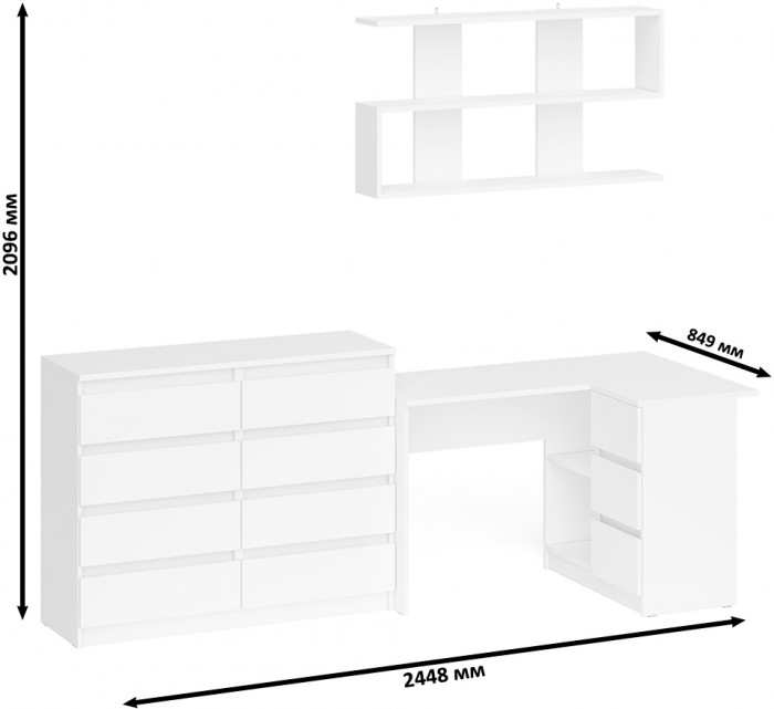 Мори компьютерный стол МС-16 правый + Комод МК1200.8 + Полка 1200, белый