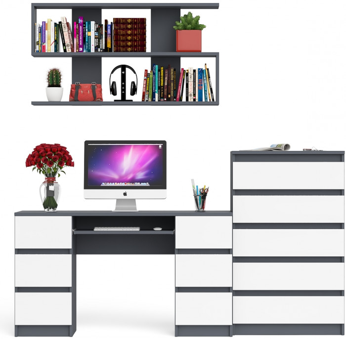 Мори компьютерный стол МС-2 + Комод МК700.5 + Полка 1200, графит/белый
