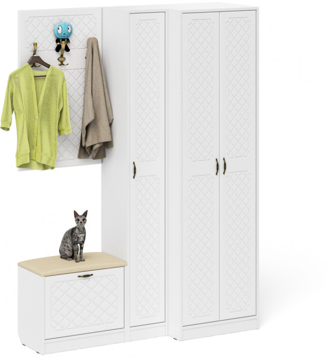 Прихожая П-6 Компоновка № 27, цвет белая шагрень/фасады МДФ белое дерево фрезеровка ромб, ШхГхВ 150х50х210 см., универсальная сборка