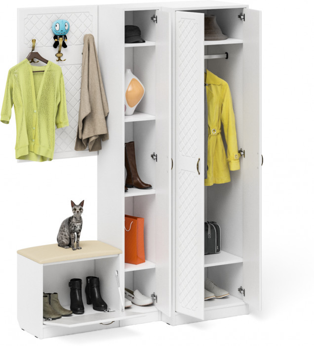 Прихожая П-6 Компоновка № 27, цвет белая шагрень/фасады МДФ белое дерево фрезеровка ромб, ШхГхВ 150х50х210 см., универсальная сборка