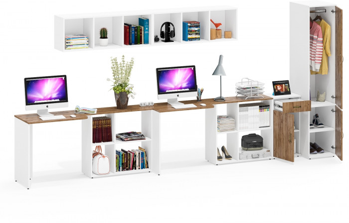 Лидер-8 Стол + Полка + Стол + Полка + Пенал МД 23Б + Тумба МД 3.15, белый шагрень/крафт золото