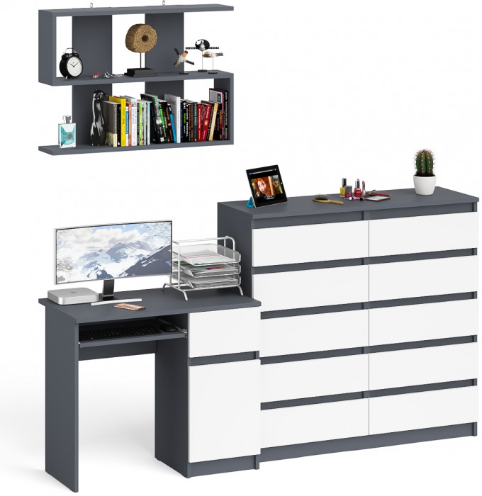 Мори компьютерный стол МС-1 правый + Комод МК1200.10 + Полка 900, графит/белый
