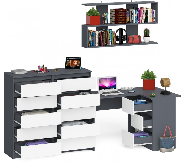 Мори компьютерный стол МС-16 правый + Комод МК1200.10 + Полка 1200, графит/белый