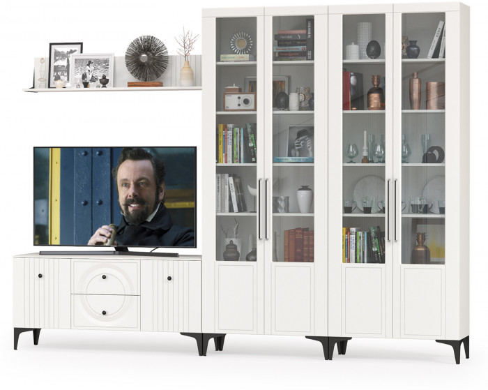 Валенсия Гостиная № 064, цвет ЛДСП белый шагрень/МДФ белый шагрень, ШхГхВ 301,3х38,3х225,2 см., ниша для ТВ 133х38х117 см.