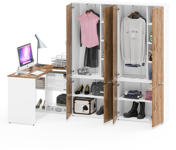 Лидер-8 Стол + Шкаф МД 20Б + Шкаф МД 20Б, белый шагрень/крафт золото