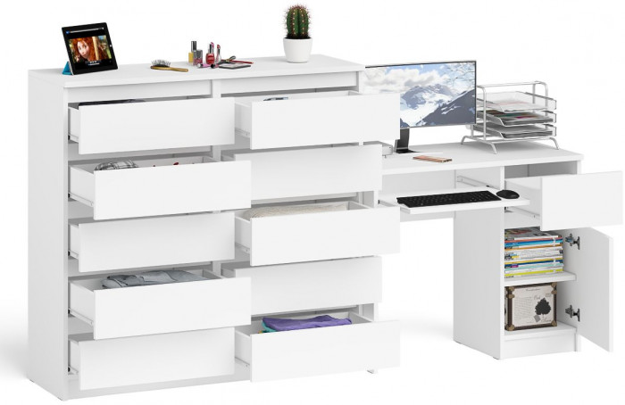 Мори компьютерный стол МС-1 правый + Комод МК1200.10, белый