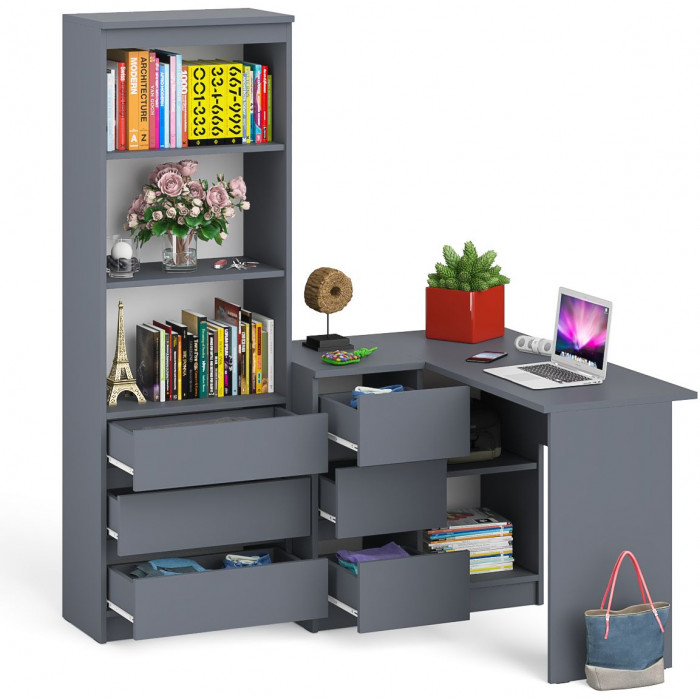 Мори компьютерный стол МС-16 левый + Стеллаж МСТ600.3, графит