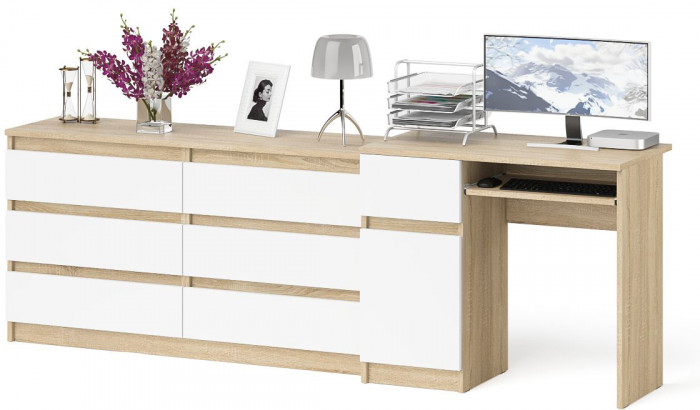 Мори Стол компьютерный МС-1 левый + Комод МК1380.6, цвет дуб сонома/белый, ШхГхВ 228х50х76,6 см., выдвижной ящик слева, НЕ универсальная сборка