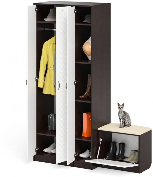 Прихожая П-6 Компоновка № 45, венге/фасады МДФ белое дерево фрезеровка ромб