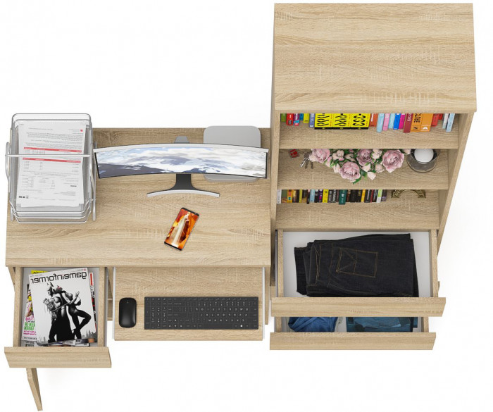 Мори компьютерный стол МС-1 левый + Стеллаж МСТ600.3, дуб сонома