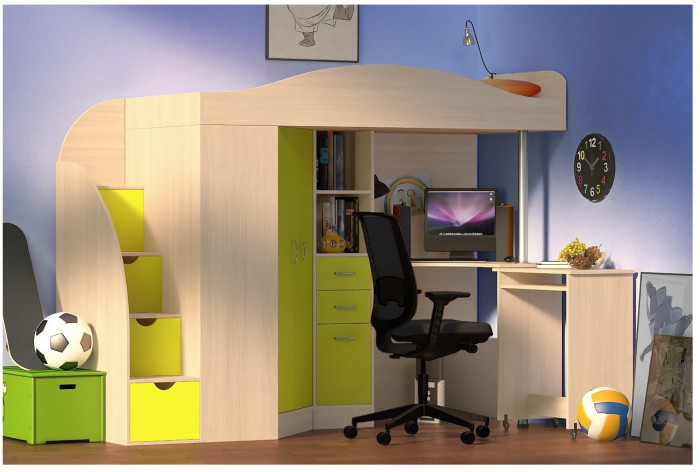 Кровать-чердак Юниор 4 (Белое дерево/Дуб молочный)