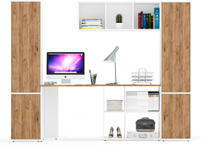 Лидер-8 Пенал МД 23Б + Стол + Полка + Пенал 22Б, белый шагрень/крафт золото