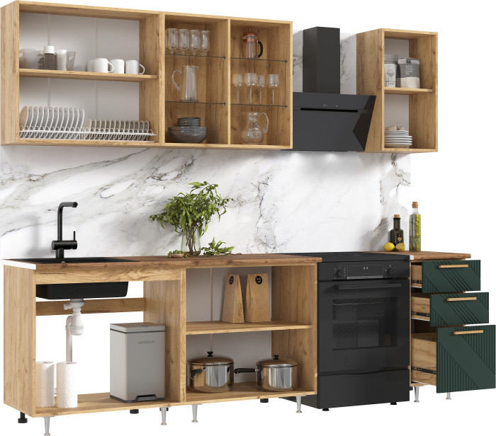 Кухня Ирис 2,0м (490) Компановка №2 Дуб Крафт/Браш Мени Грин (Дуб вотан)