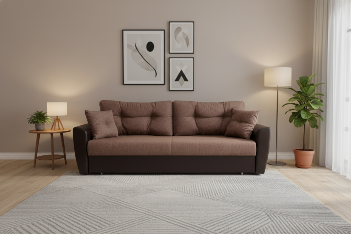 Диван-книжка Амстердам, 120х190, рогожка/экокожа, коричневый