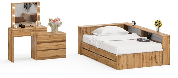Ксения Кровать с ящиками 1200 + прикроватный блок + Столик с подсветкой 110, дуб вотан