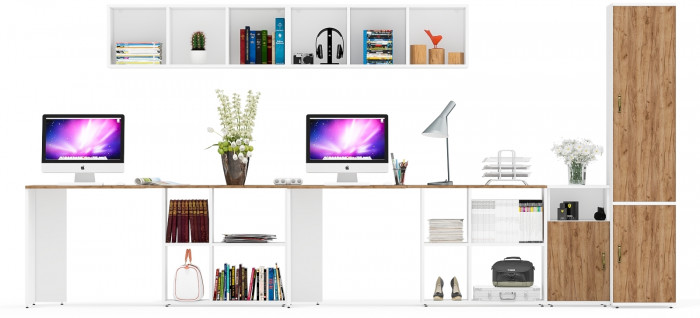 Лидер-8 Стол + Полка + Стол + Полка + Пенал МД 23Б + Тумба МД 3.19, белый шагрень/крафт золото