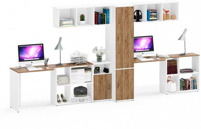 Лидер-8 Стол + Полка + Стол + Полка + Пенал МД 23Б + Тумба МД 3.19, белый шагрень/крафт золото