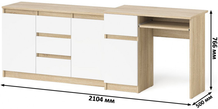 Мори компьютерный стол МС-1 левый + Комод МК1200.3, дуб сонома/белый