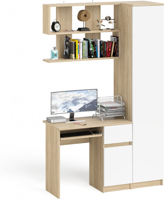 Мори компьютерный стол МС-1 правый + Пенал МШ400.1 + Полка 900, дуб сонома/белый