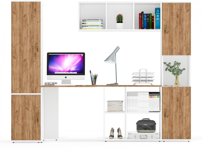 Лидер-8 Пенал МД 23Б + Стол + Полка + Пенал, белый шагрень/крафт золото