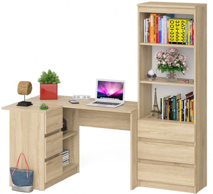 Мори компьютерный стол МС-16 левый + Стеллаж МСТ600.3, дуб сонома