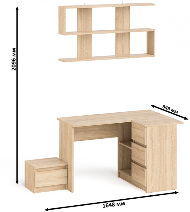 Мори компьютерный стол МС-16 правый + Тумба ТМП400.1 + Полка 1200, дуб сонома