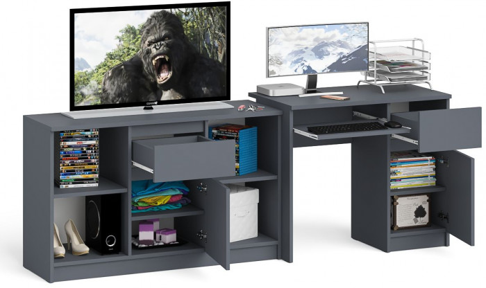 Мори Стол компьютерный МС-1 правый + Тумба МТВ1204.1, цвет графит, ШхГхВ 210,4х50х76,6 см., выдвижной ящик справа, НЕ универсальная сборка