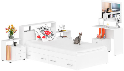 Камелия спальня № 13 Кровать с ящиками 1200 + Две тумбы + Стол косметич. + Зеркало, белый