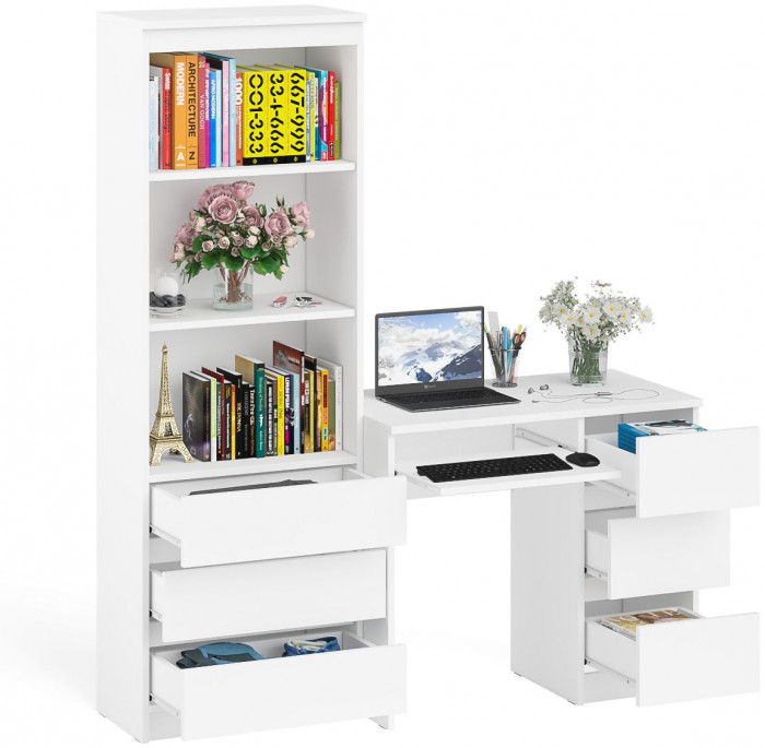 Мори компьютерный стол МС-6 правый + Стеллаж МСТ600.3, белый