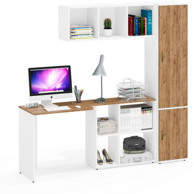 Лидер-8 Стол + Полка + Пенал МД 21Б, цвет белый шагрень/крафт золото, ШхГхВ 205х50/37,5х75/190 или 115х50/120х75/190 см., НЕ универсальная сборка