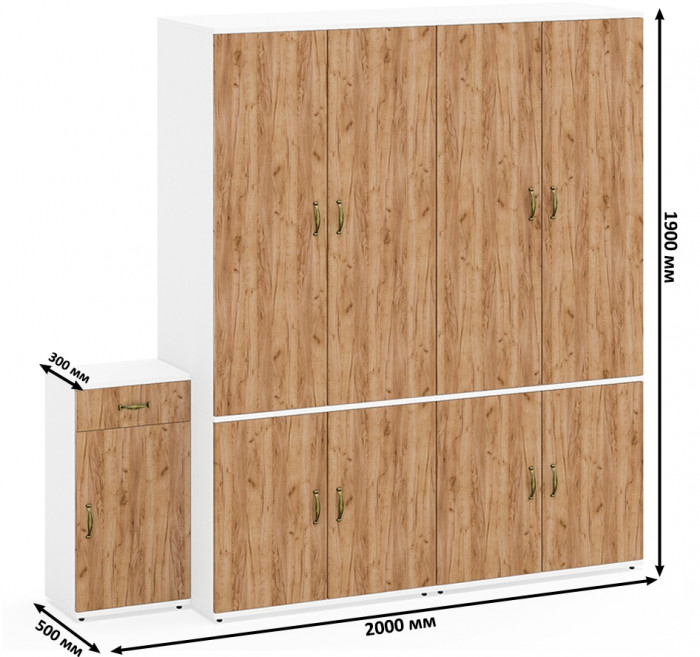 Лидер-8 Шкаф МД 19Б + Шкаф МД 19Б + Тумба МД 3.15, цвет белый шагрень/крафт золото, ШхГхВ 200х50х190 см., универсальная сборка