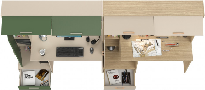 Два Стола письменных Лайт 03.243Н, цвет сатин/дымчатый зелёный/плэйн/сатин, ШхГхВ 300,4х57,3х179,9 см., НЕ универсальная сборка