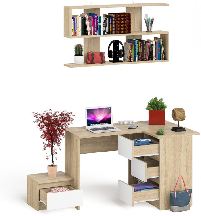 Мори компьютерный стол МС-16 правый + Тумба ТМП400.1 + Полка 1200, дуб сонома/белый