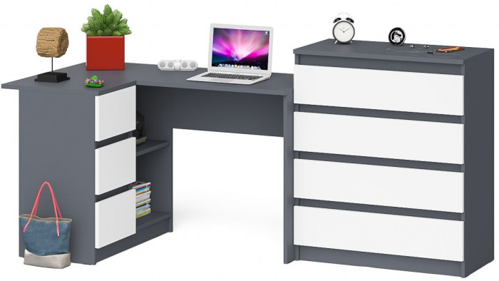 Мори Стол компьютерный МС-16 левый + Комод МК800.4, цвет графит/белый, ШхГхВ 204,8х84,9х94 см., выдвижные ящики слева, НЕ универсальная сборка