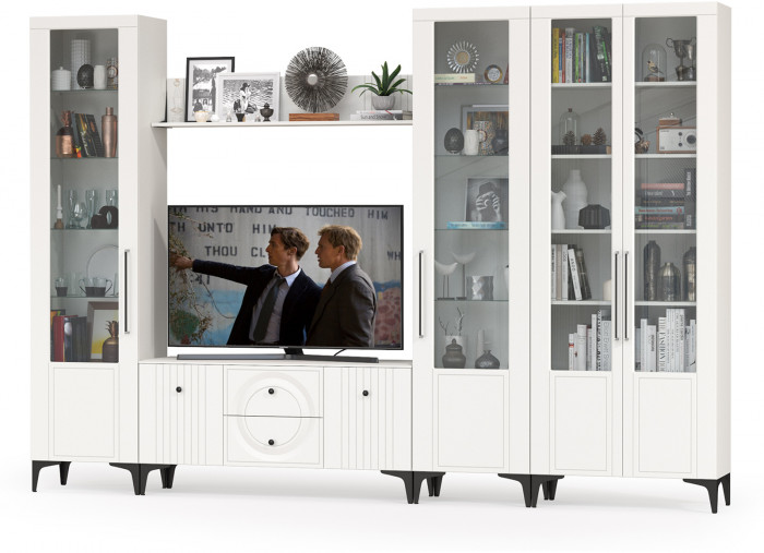 Валенсия Гостиная № 068, цвет ЛДСП белый шагрень/МДФ белый шагрень, ШхГхВ 327,2х38,3х225,2 см., ниша для ТВ 133х38х117 см., универсальная сборка