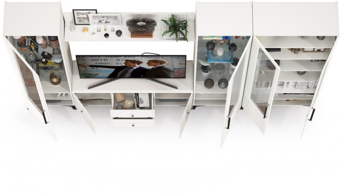 Валенсия Гостиная № 068, цвет ЛДСП белый шагрень/МДФ белый шагрень, ШхГхВ 327,2х38,3х225,2 см., ниша для ТВ 133х38х117 см., универсальная сборка