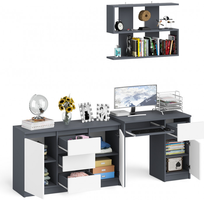 Мори компьютерный стол МС-1 правый + Комод МК1200.3 + Полка 900, графит/белый