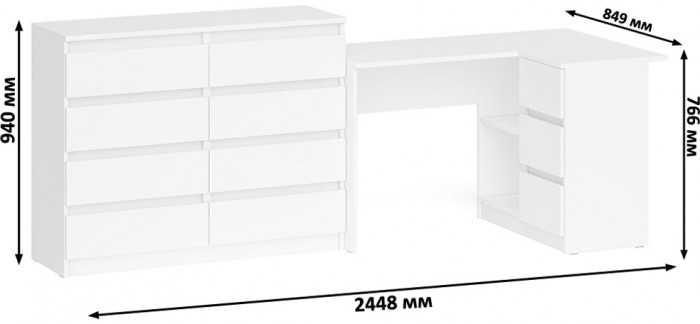 Мори компьютерный стол МС-16 правый + Комод МК1200.8, белый