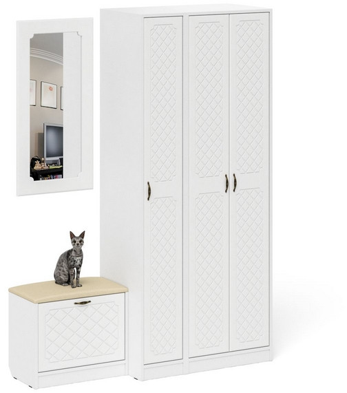 Прихожая П-6 Компоновка № 46, белая шагрень/фасады МДФ белое дерево фрезеровка ромб